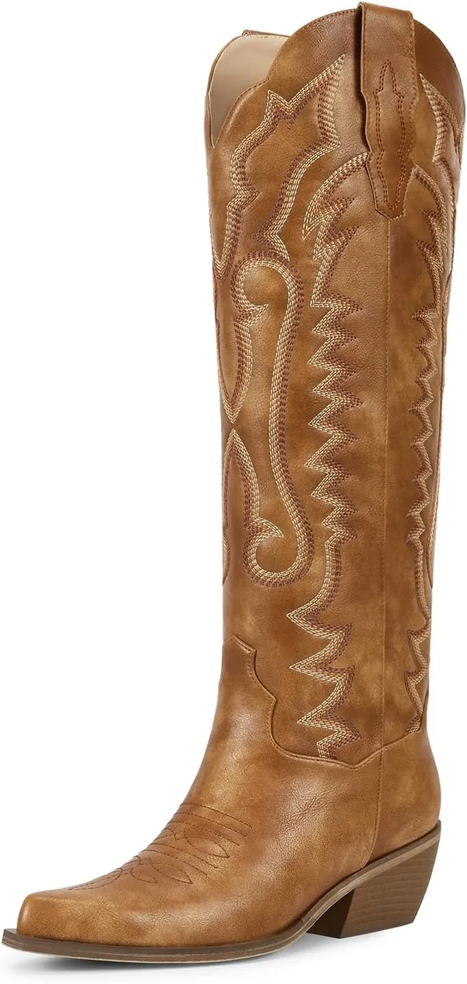 wetkiss Embroidery Cowboy Boots for Women with Zipper Pointed Toe Chunky Low Heel Cowgirl Boots