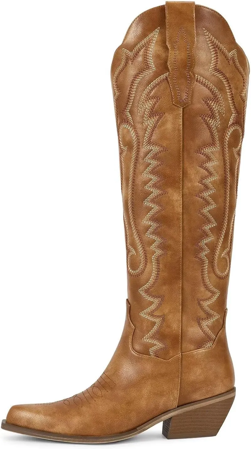 wetkiss Embroidery Cowboy Boots for Women with Zipper Pointed Toe Chunky Low Heel Cowgirl Boots