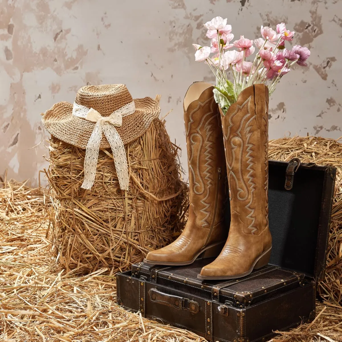 wetkiss Embroidery Cowboy Boots for Women with Zipper Pointed Toe Chunky Low Heel Cowgirl Boots