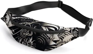 White And Black Tribal Illustration Belt Bag with Adjustable Strap, Lightweight Travel Crossbody Bags, Hands-Free Mini Fanny Packs in Running Gym
