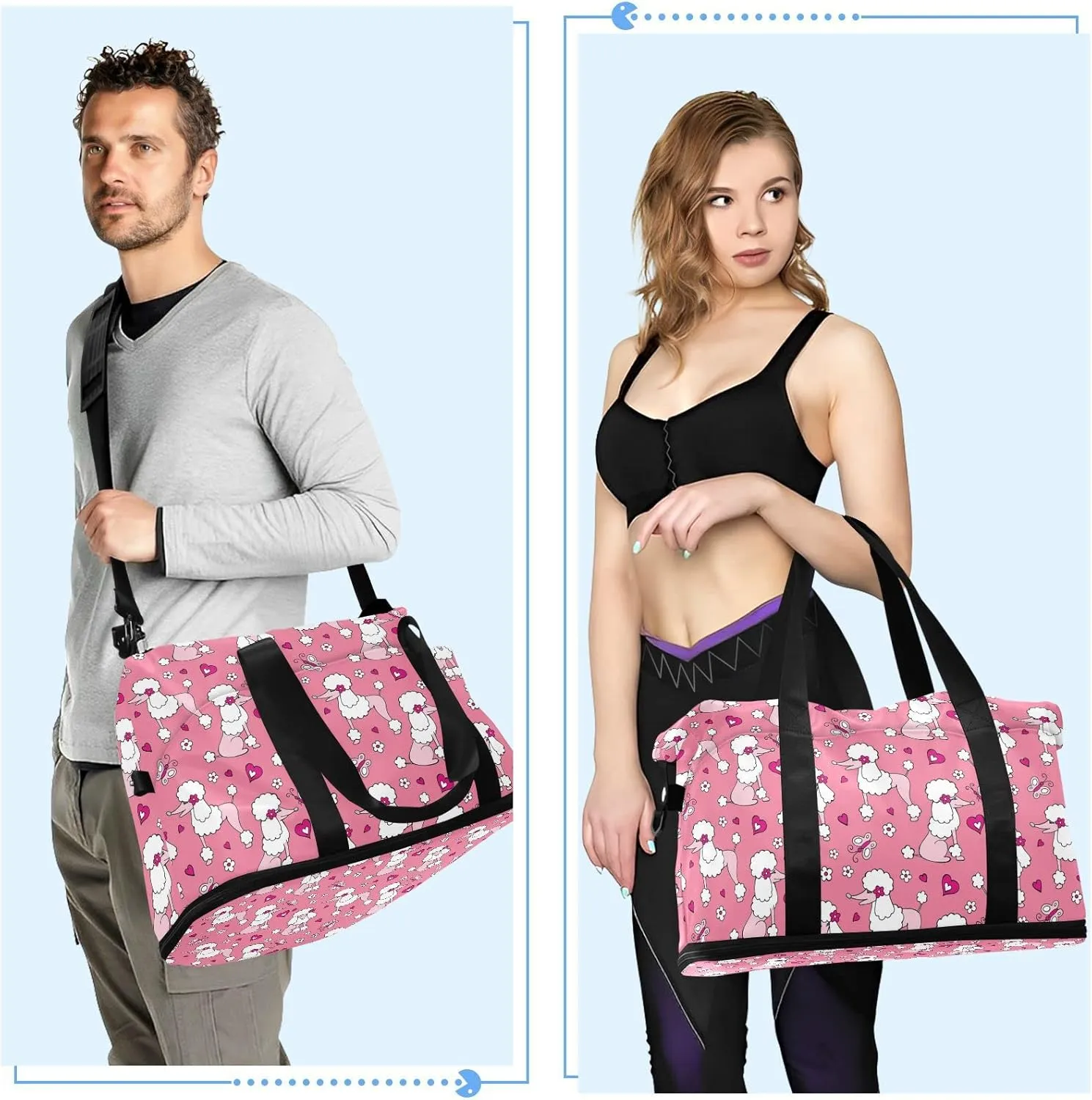 White Pink Poodle Dogs Hearts Flowers Seamless on Pink Gym Duffel Bag, Polyester Travel Weekender Luggage Handbag with Waterproof Pocket for Wet Items, Unisex Foldable Tote for Sports