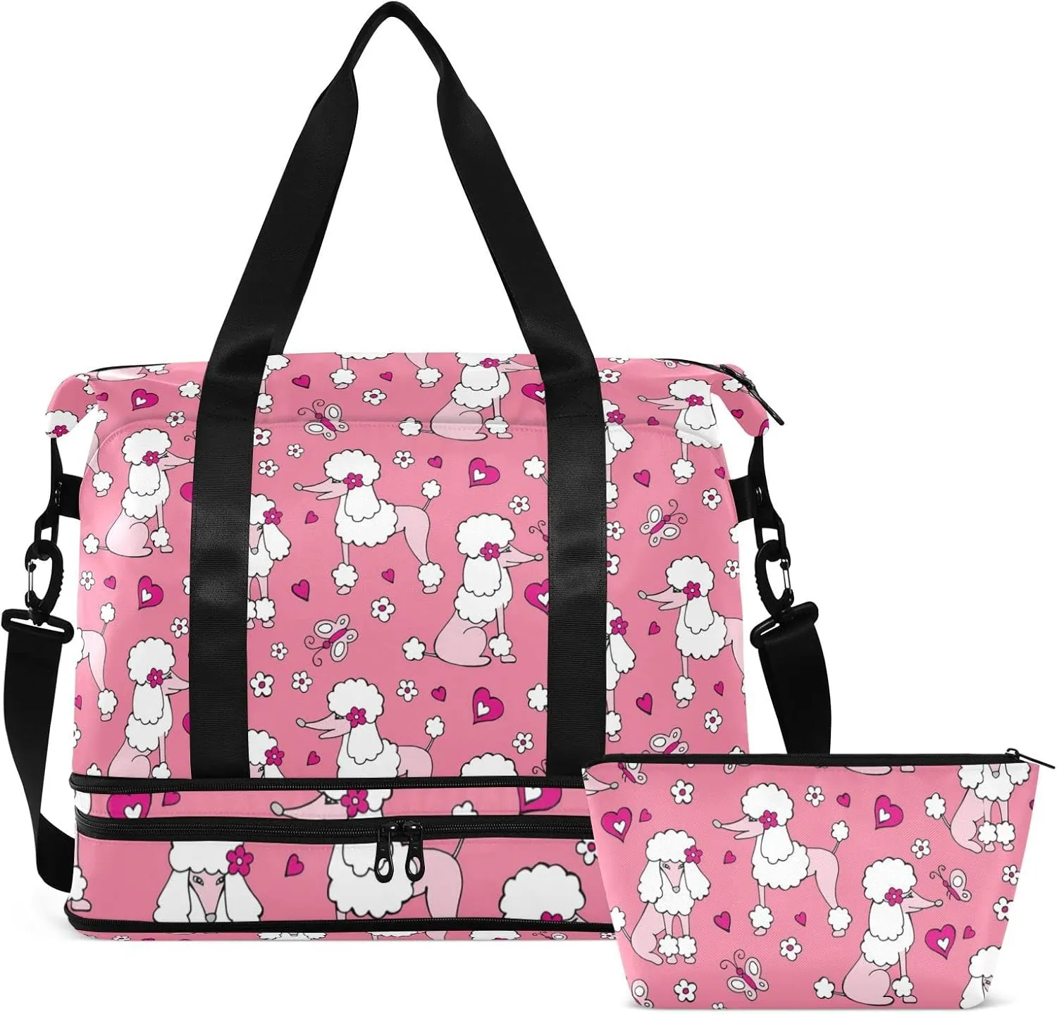 White Pink Poodle Dogs Hearts Flowers Seamless on Pink Gym Duffel Bag, Polyester Travel Weekender Luggage Handbag with Waterproof Pocket for Wet Items, Unisex Foldable Tote for Sports