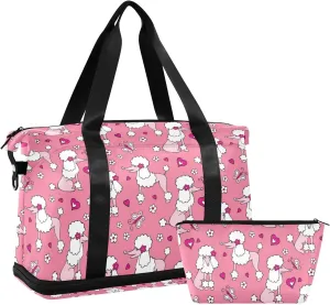 White Pink Poodle Dogs Hearts Flowers Seamless on Pink Gym Duffel Bag, Polyester Travel Weekender Luggage Handbag with Waterproof Pocket for Wet Items, Unisex Foldable Tote for Sports