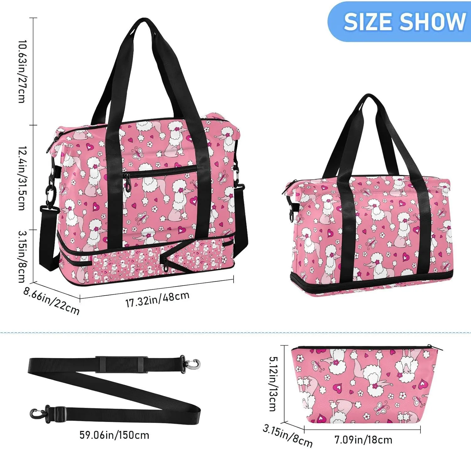 White Pink Poodle Dogs Hearts Flowers Seamless on Pink Gym Duffel Bag, Polyester Travel Weekender Luggage Handbag with Waterproof Pocket for Wet Items, Unisex Foldable Tote for Sports