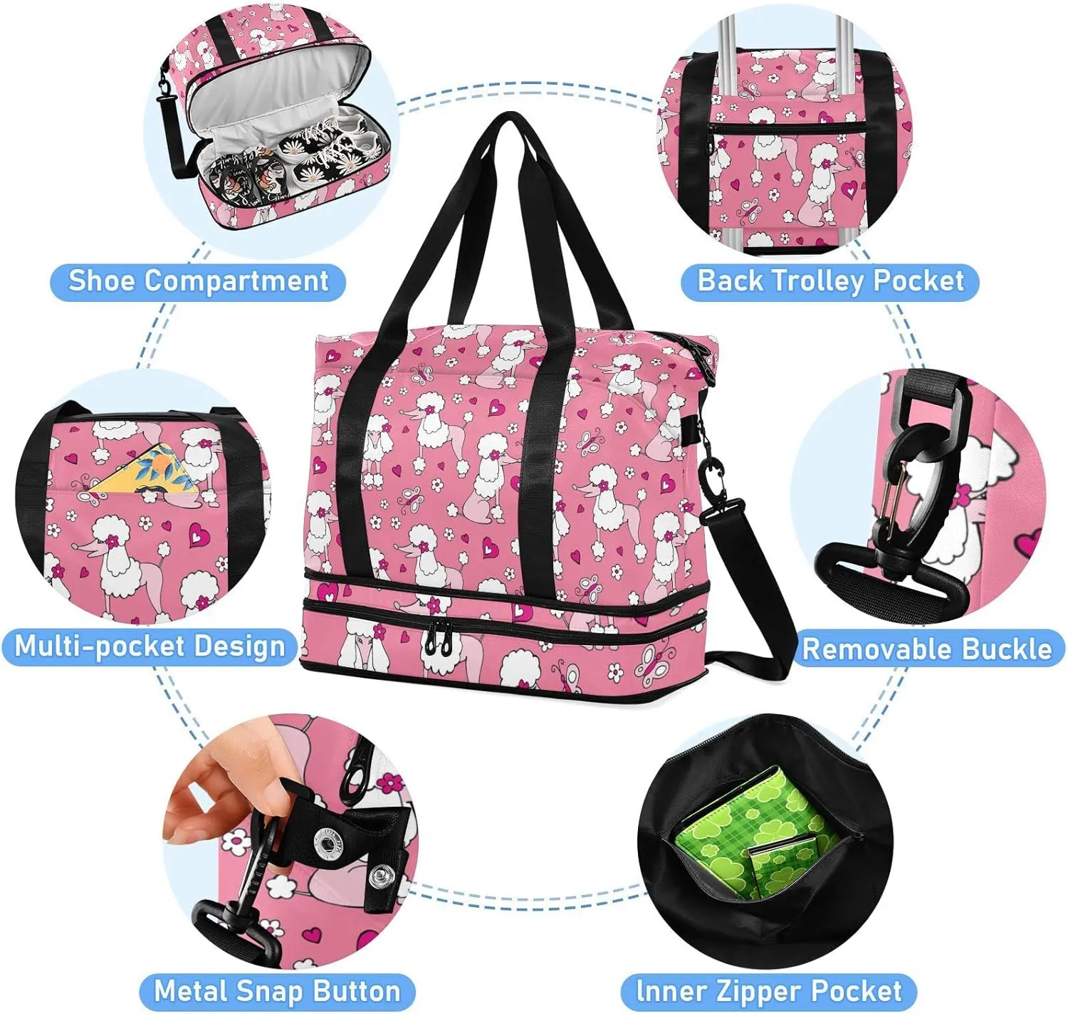 White Pink Poodle Dogs Hearts Flowers Seamless on Pink Gym Duffel Bag, Polyester Travel Weekender Luggage Handbag with Waterproof Pocket for Wet Items, Unisex Foldable Tote for Sports