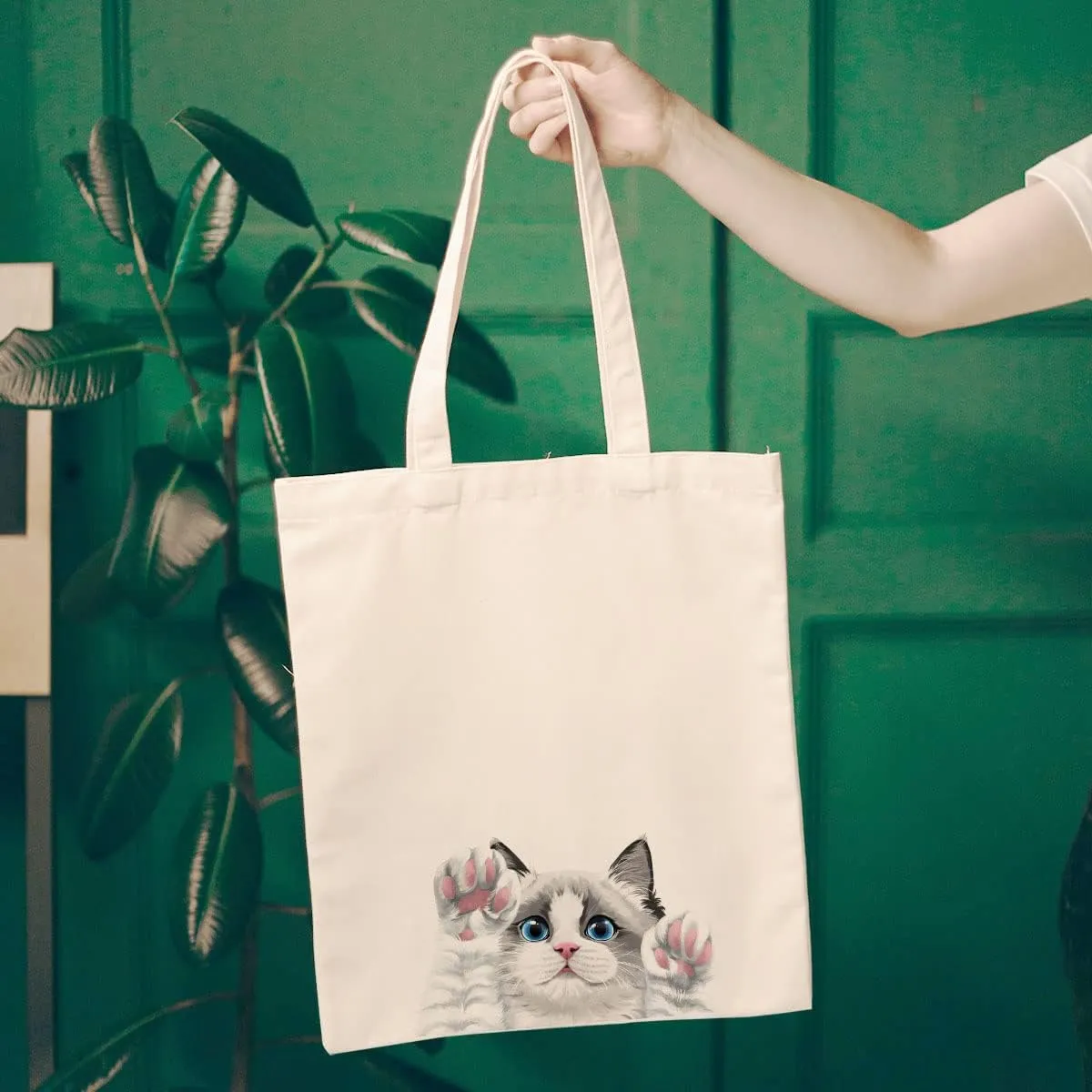 WIRESTER Reusable Canvas Tote Bag for Women Girls, Grocery Shopping Bag, Shoulder Bag, Travel Tote Bag, Cute Dog Cat