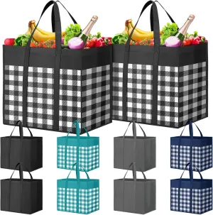 WISELIFE Reusable Grocery Shopping Bags 10 Pack Large Foldable Tote Bags Bulk, Eco Produce Bags with Long Handle for Shopping Groceries Clothes (Plaid B)