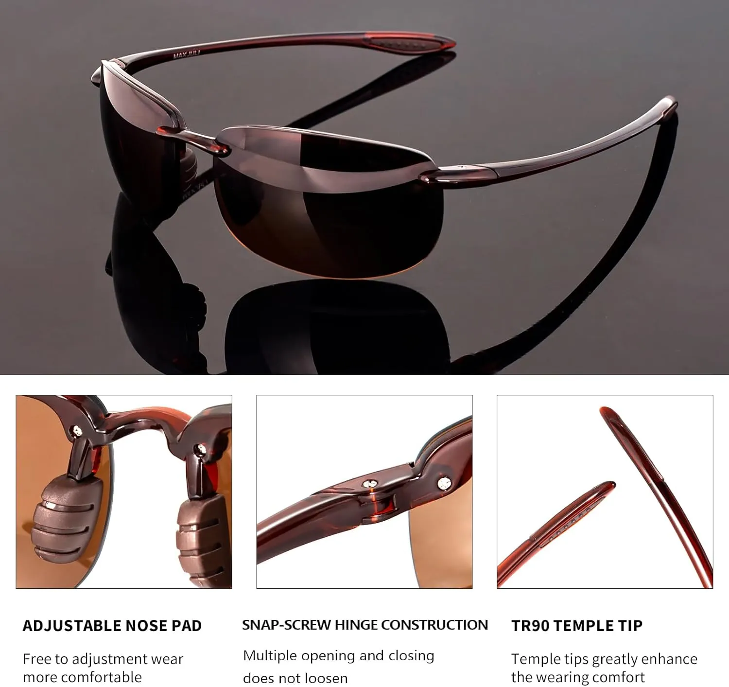 WISTON Sports Polarized Sunglasses for Men Women Tr90 Rimless Frame for Running Fishing Baseball Driving W8001