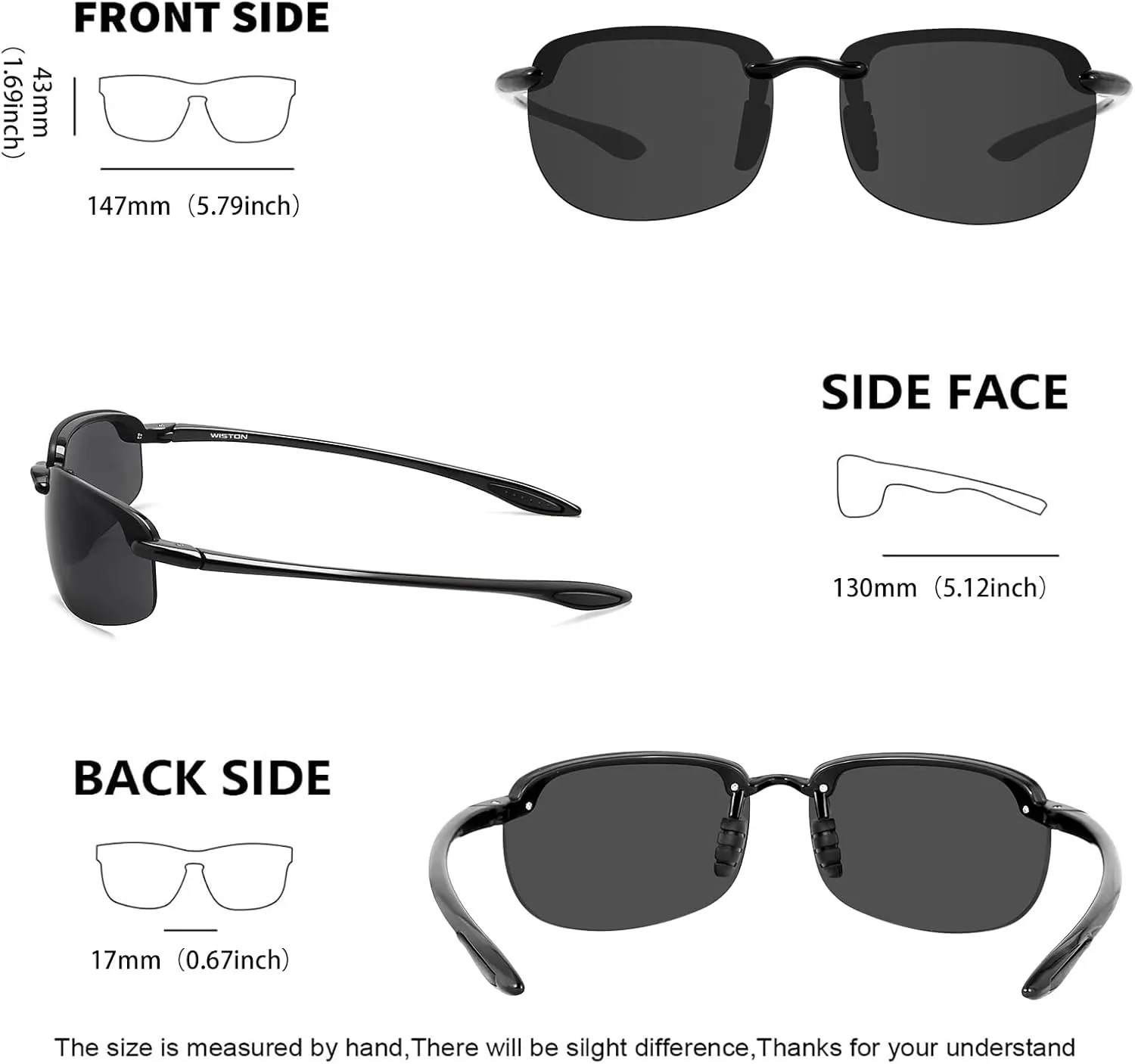 WISTON Sports Polarized Sunglasses for Men Women Tr90 Rimless Frame for Running Fishing Baseball Driving W8001