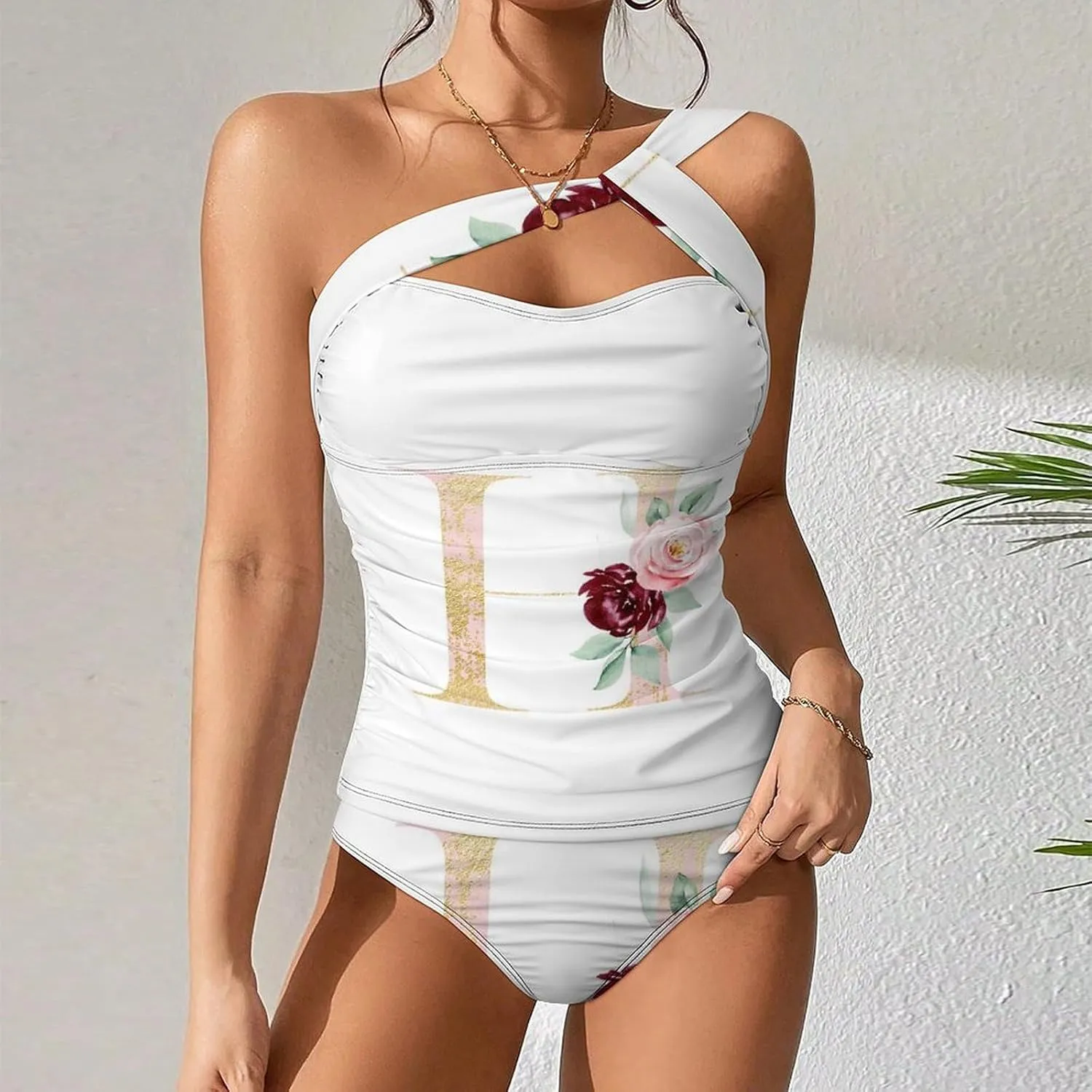 Women 2 Piece Set, One Shoulder with Padded Swimwear Tummy Control Suit (S-2XL)