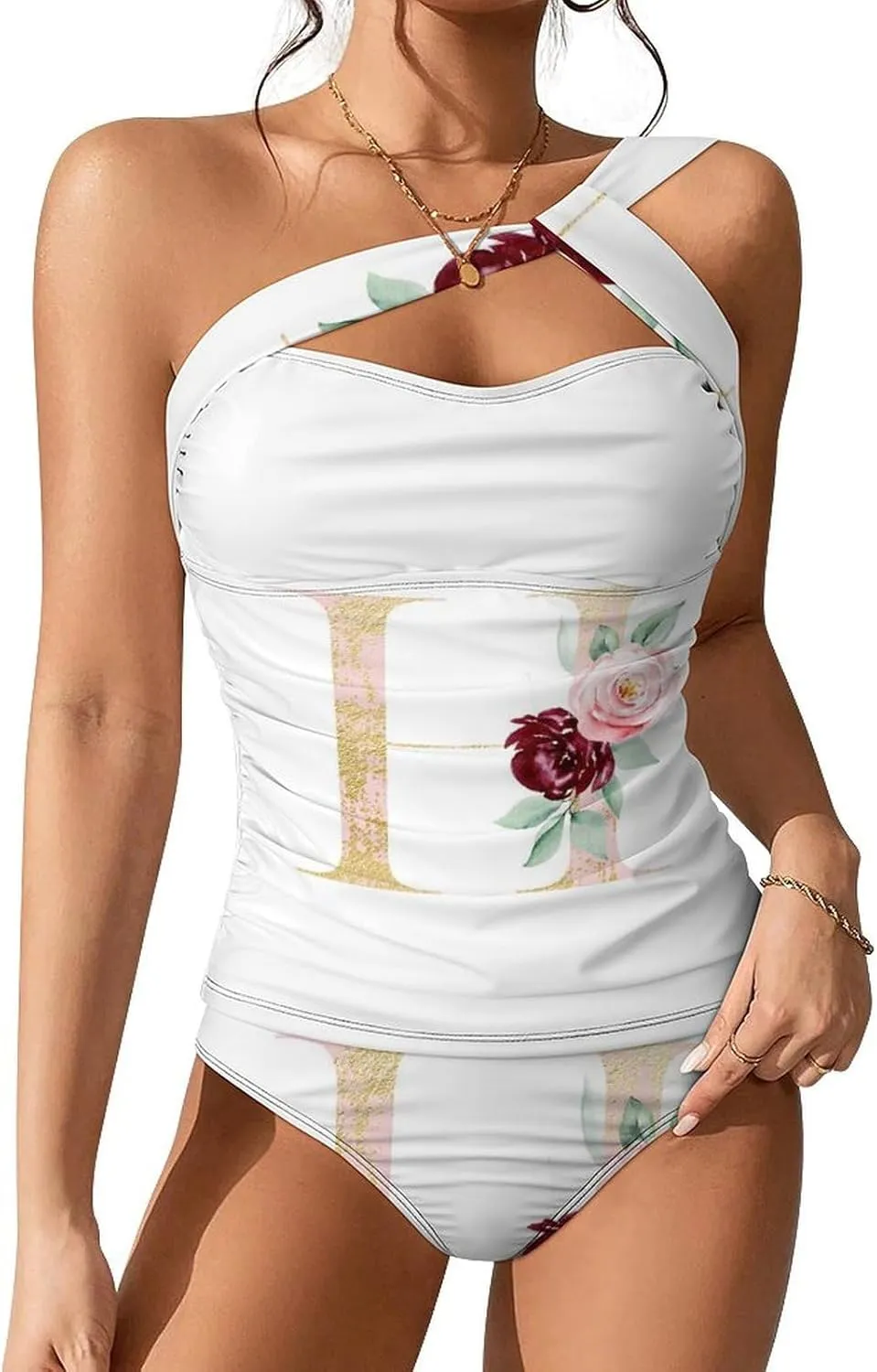 Women 2 Piece Set, One Shoulder with Padded Swimwear Tummy Control Suit (S-2XL)