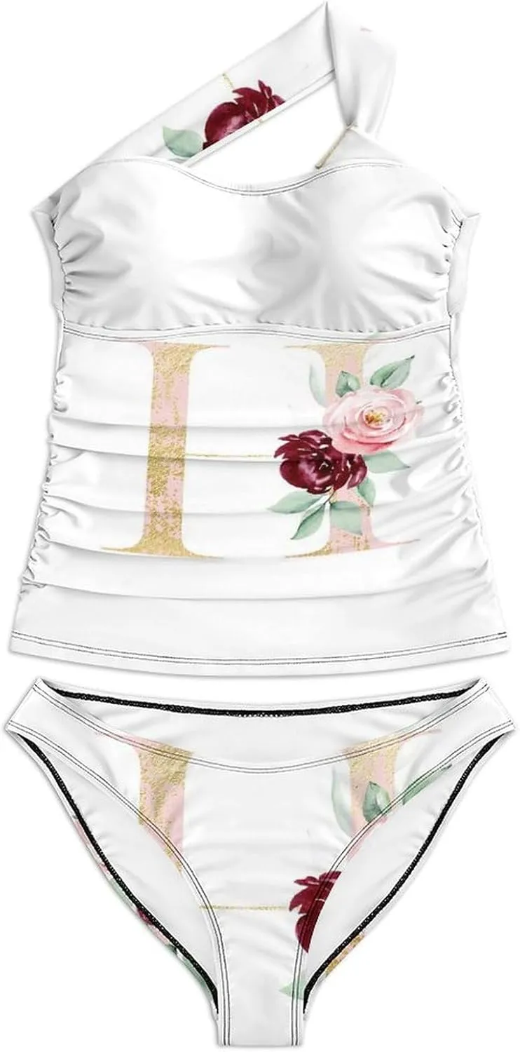 Women 2 Piece Set, One Shoulder with Padded Swimwear Tummy Control Suit (S-2XL)