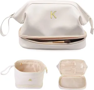 Women Birthday Gifts, Initial Large Makeup Bag, Personalized Double Layer Cosmetic Bag with Makeup Brush Organizer, Birthday Gift for Women/Girl Bridesmaids Gift