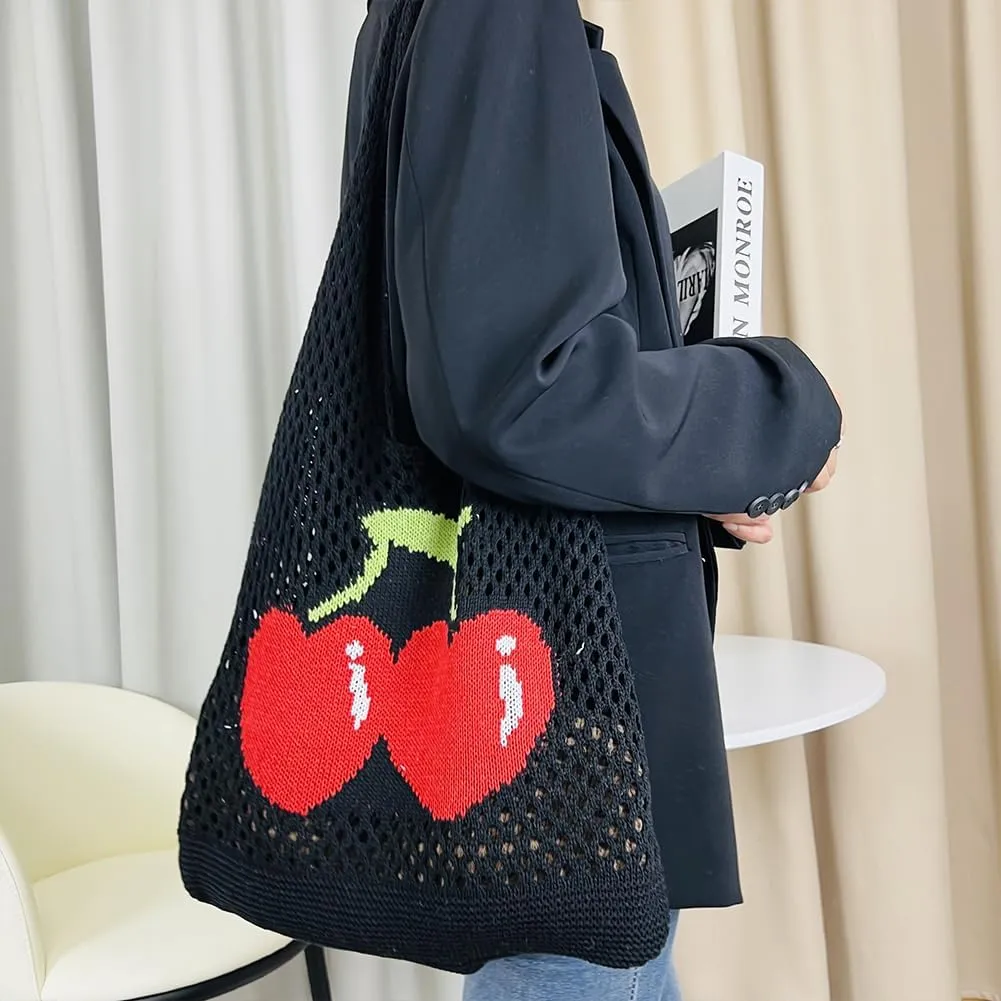 Women Cute Shoulder Bag Cherry Printed Knitting Shoulder Bag Large Capacity Travel Shopping Handbag Ladies Daily Han