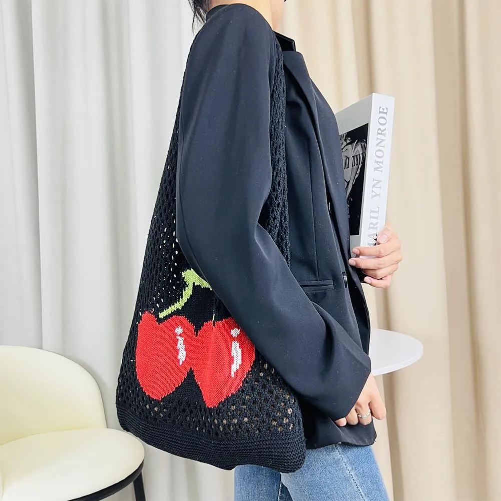 Women Cute Shoulder Bag Cherry Printed Knitting Shoulder Bag Large Capacity Travel Shopping Handbag Ladies Daily Han
