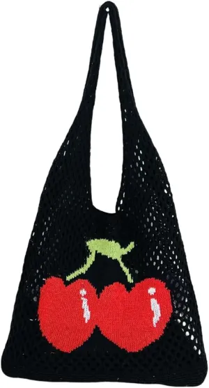 Women Cute Shoulder Bag Cherry Printed Knitting Shoulder Bag Large Capacity Travel Shopping Handbag Ladies Daily Han