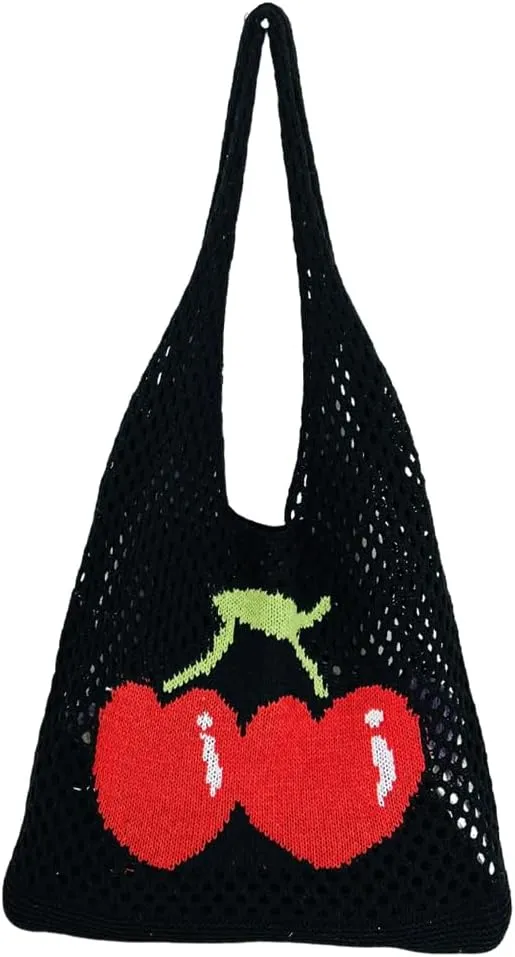 Women Cute Shoulder Bag Cherry Printed Knitting Shoulder Bag Large Capacity Travel Shopping Handbag Ladies Daily Han
