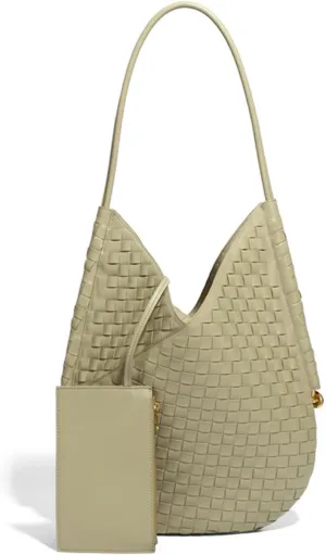 Women Genuine Leather Woven Tote Handbag Woven Bags For Women Leather Purse,With Small Purse,For Your DaughterOr Wife (White)