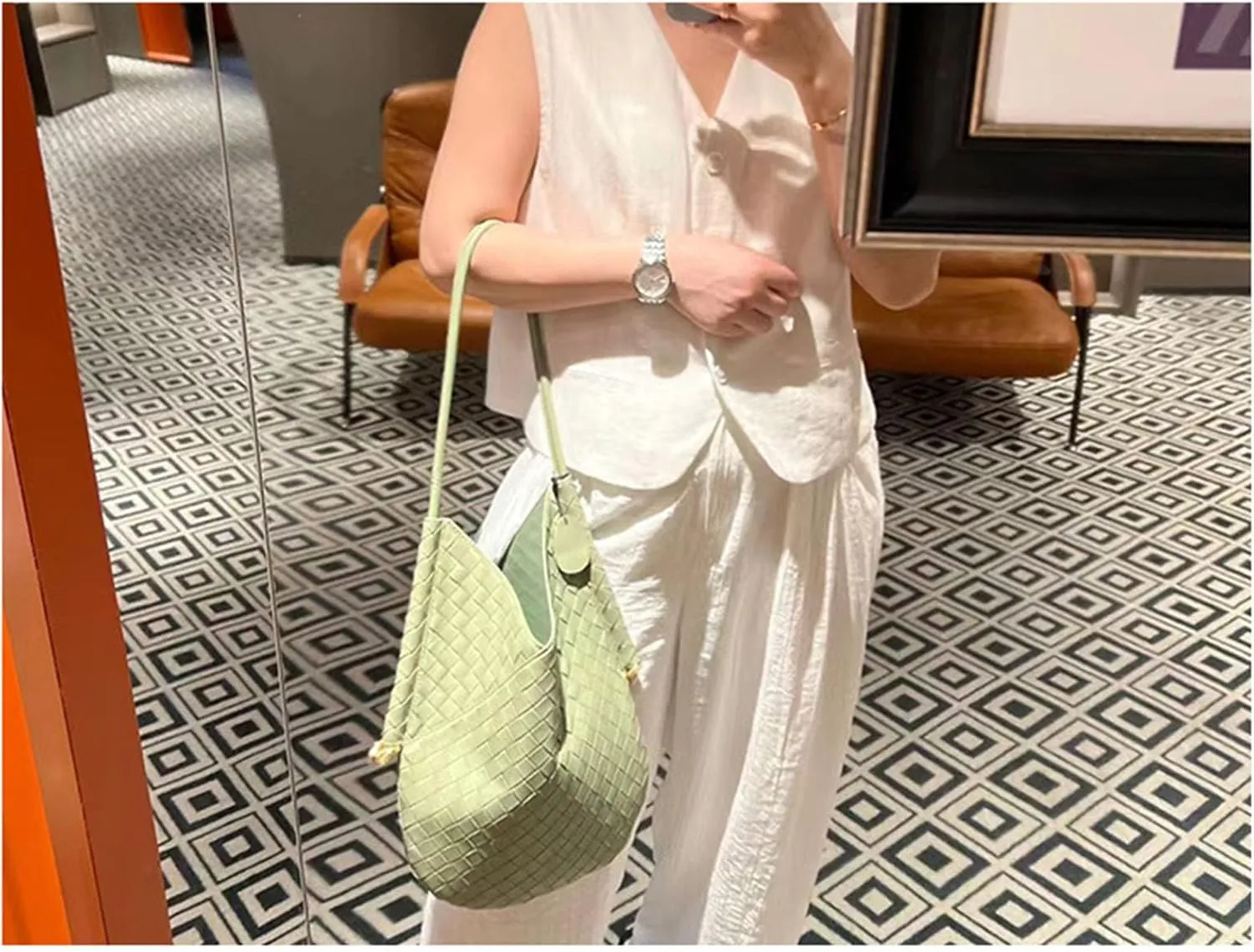 Women Genuine Leather Woven Tote Handbag Woven Bags For Women Leather Purse,With Small Purse,For Your DaughterOr Wife (White)