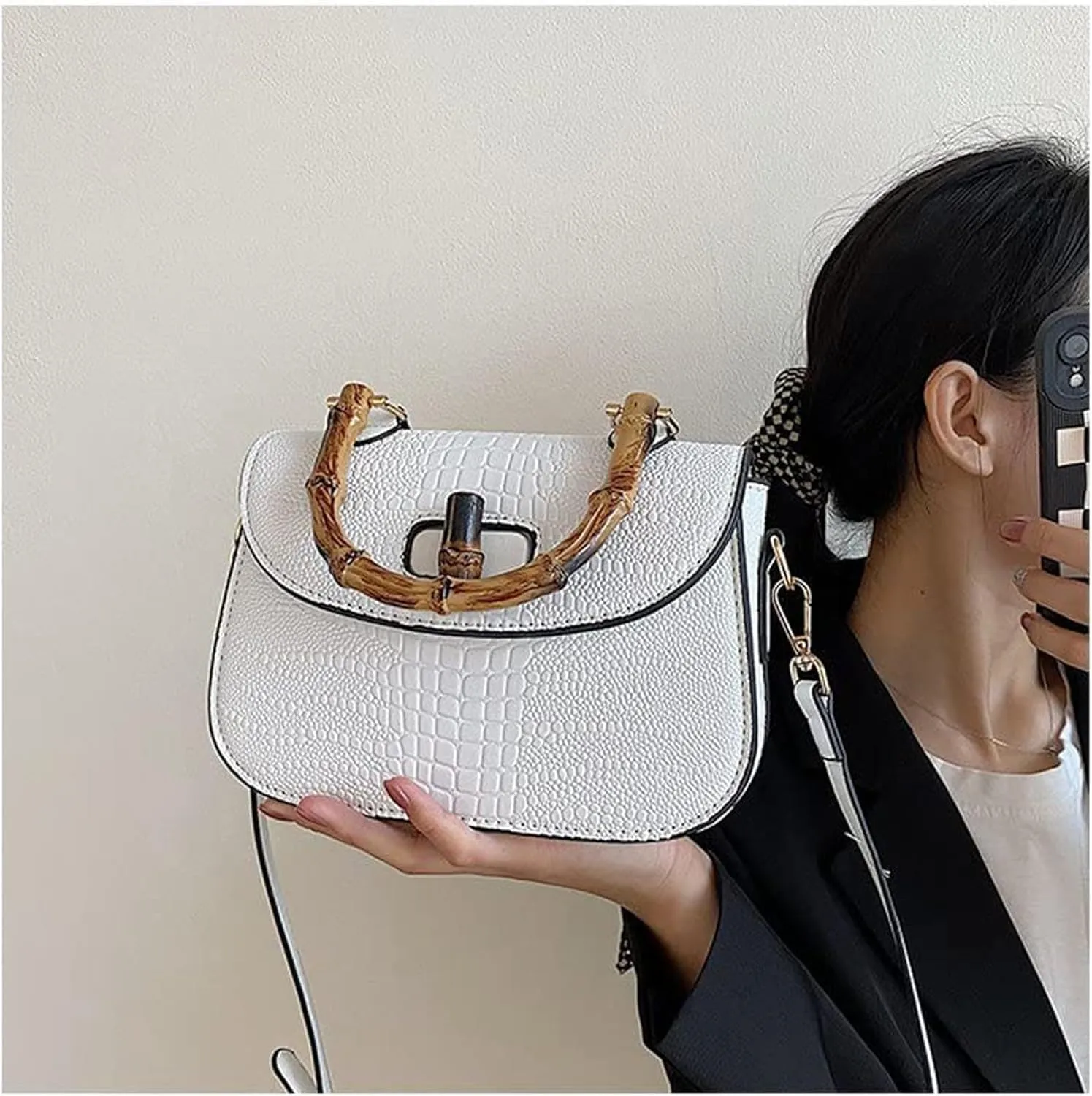 Women Handbag artificial leather Bamboo Top handle Crossbody bag Elegant Purse Evening bag Gift for Women Handmade