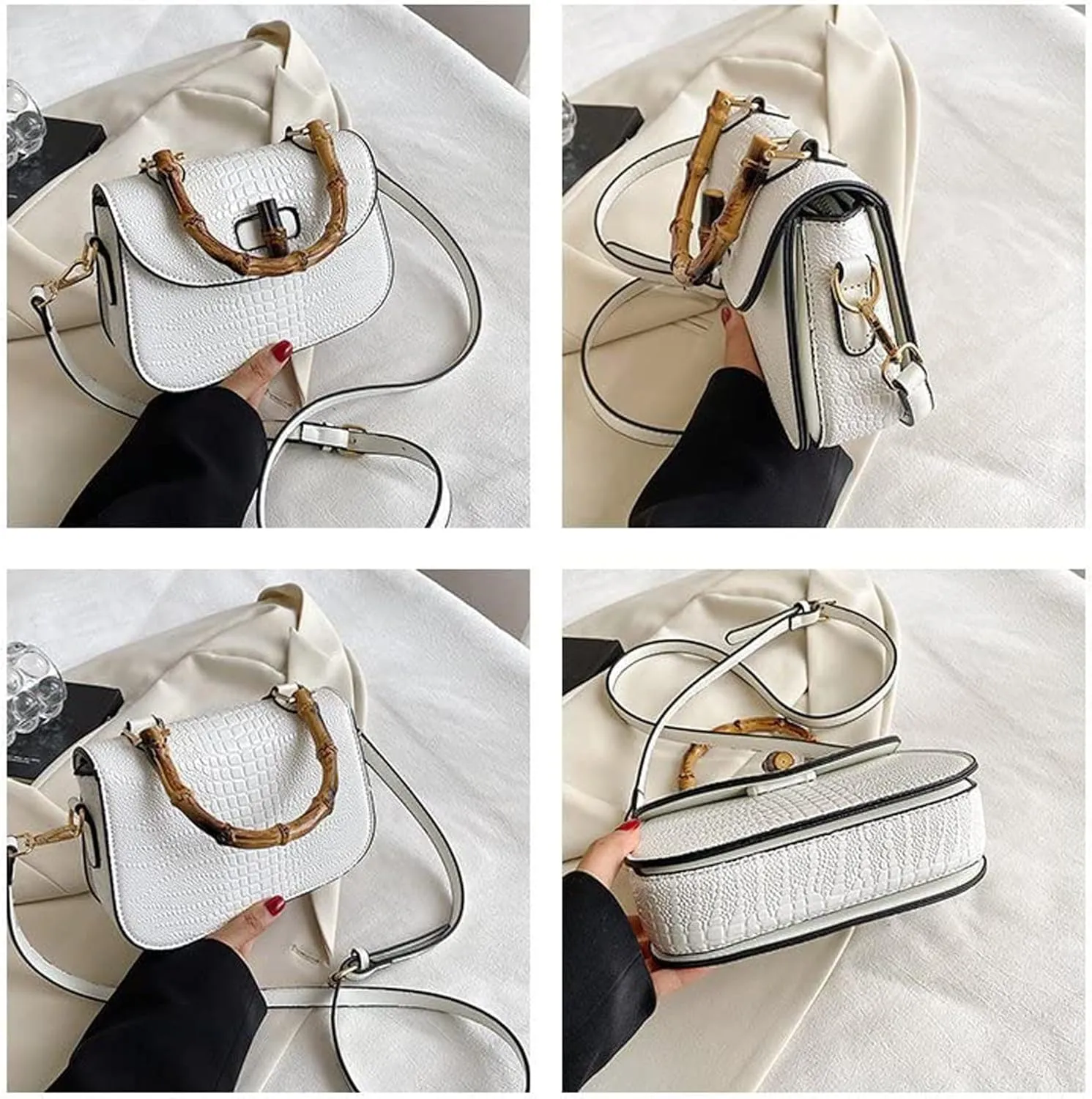Women Handbag artificial leather Bamboo Top handle Crossbody bag Elegant Purse Evening bag Gift for Women Handmade