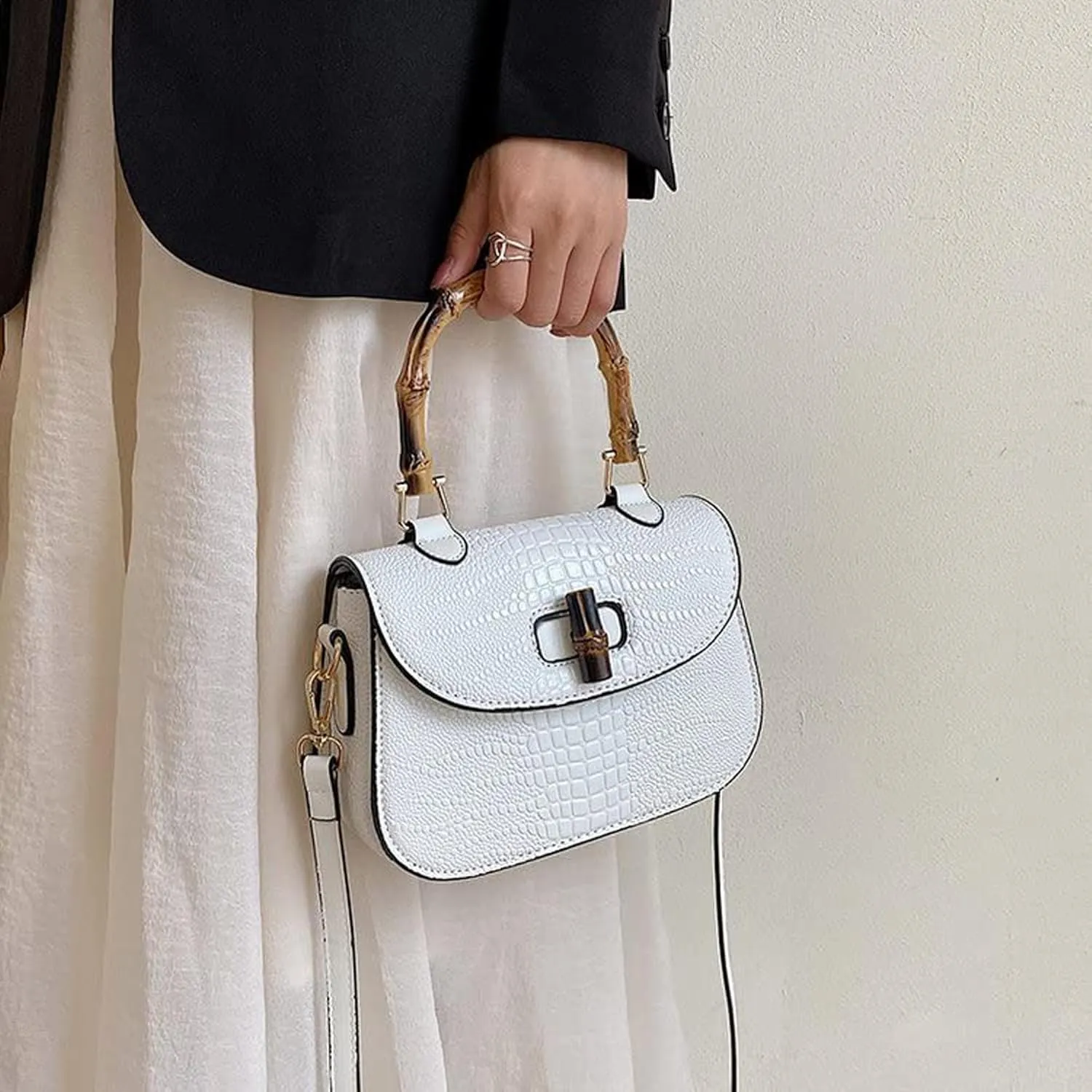 Women Handbag artificial leather Bamboo Top handle Crossbody bag Elegant Purse Evening bag Gift for Women Handmade
