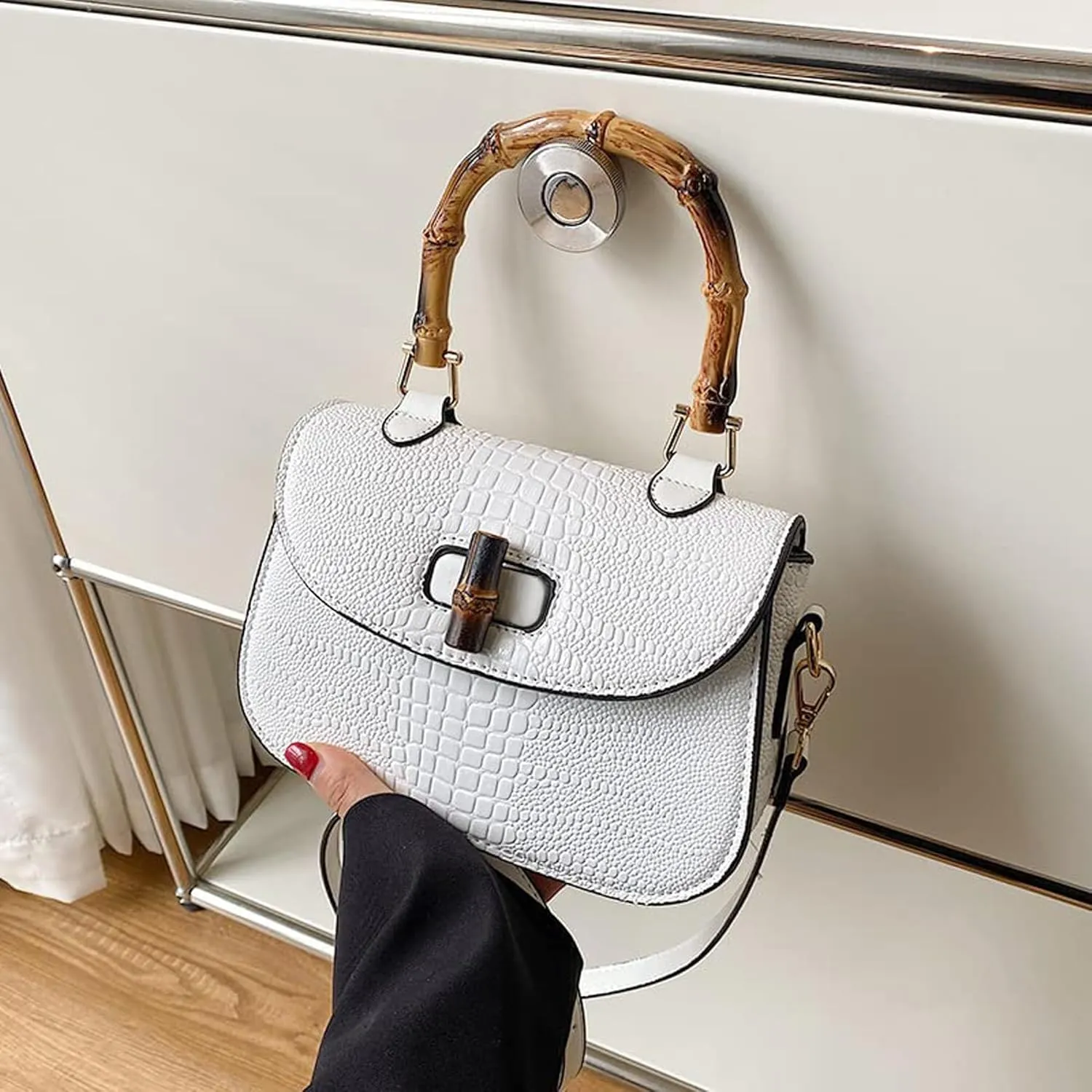 Women Handbag artificial leather Bamboo Top handle Crossbody bag Elegant Purse Evening bag Gift for Women Handmade