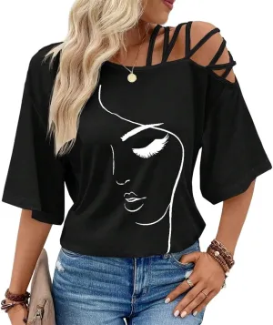 Women Off The Shoulder Tops Short Sleeve T-Shirt Casual Blouse Graphic Y2K