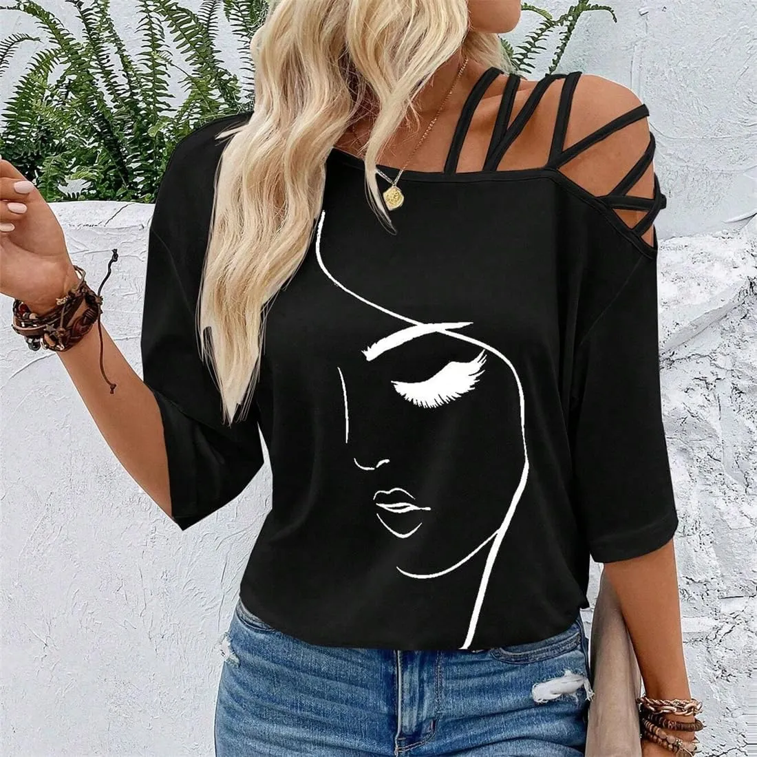 Women Off The Shoulder Tops Short Sleeve T-Shirt Casual Blouse Graphic Y2K