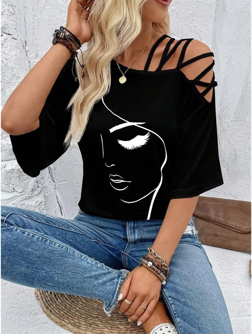 Women Off The Shoulder Tops Short Sleeve T-Shirt Casual Blouse Graphic Y2K