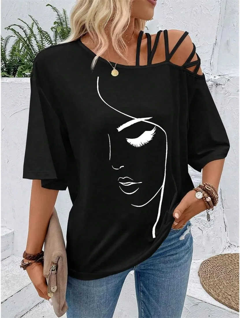 Women Off The Shoulder Tops Short Sleeve T-Shirt Casual Blouse Graphic Y2K