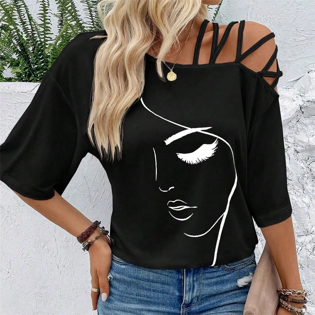 Women Off The Shoulder Tops Short Sleeve T-Shirt Casual Blouse Graphic Y2K