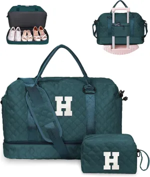 Women Presents Teacher Gifts-Initial Travel Bag with Shoe Compartment, Personalized Weekender Bag, Monogram Overnight Bag for Women, Letter Travel Bag with Makeup Bag (Letter H)