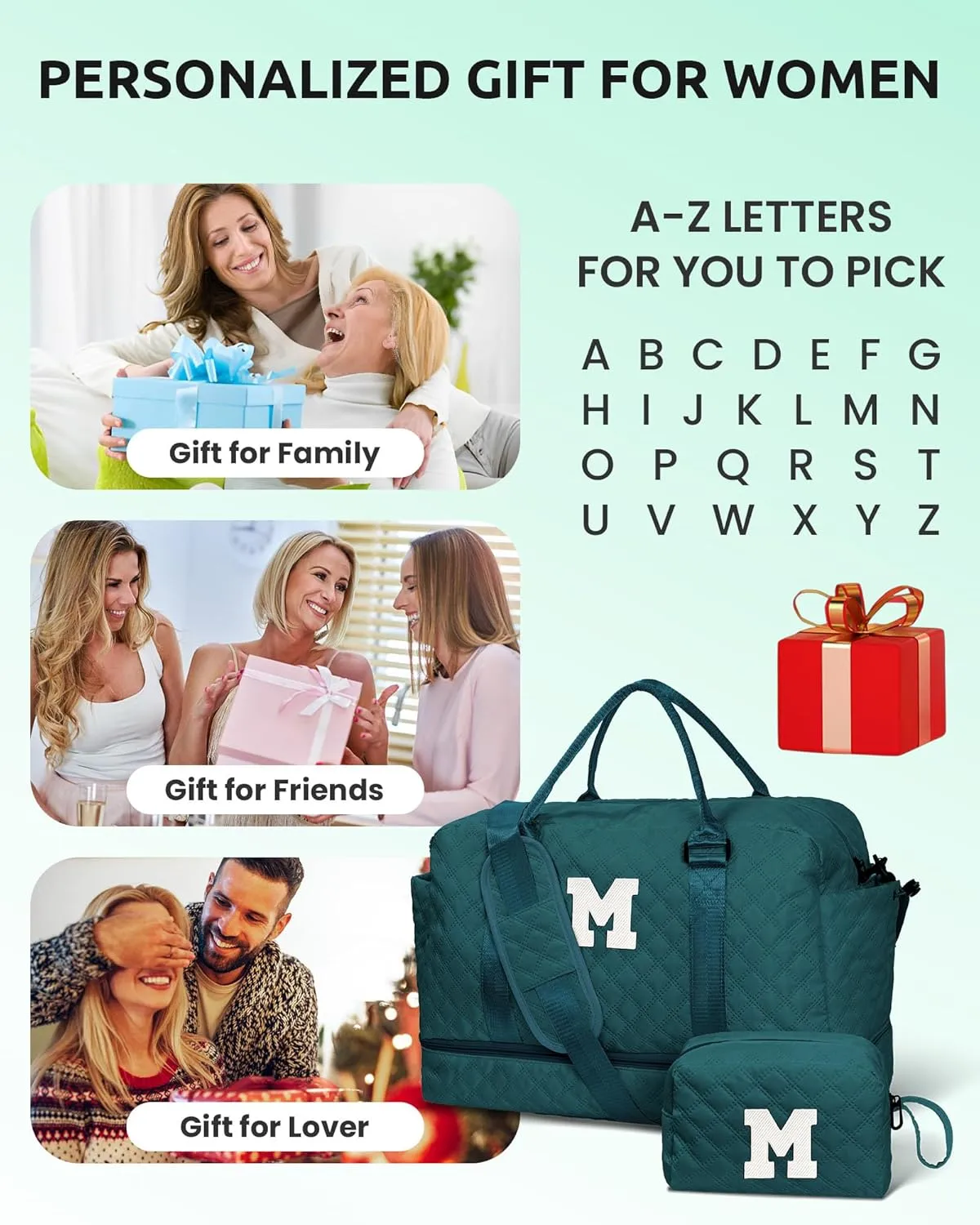 Women Presents Teacher Gifts-Initial Travel Bag with Shoe Compartment, Personalized Weekender Bag, Monogram Overnight Bag for Women, Letter Travel Bag with Makeup Bag (Letter H)