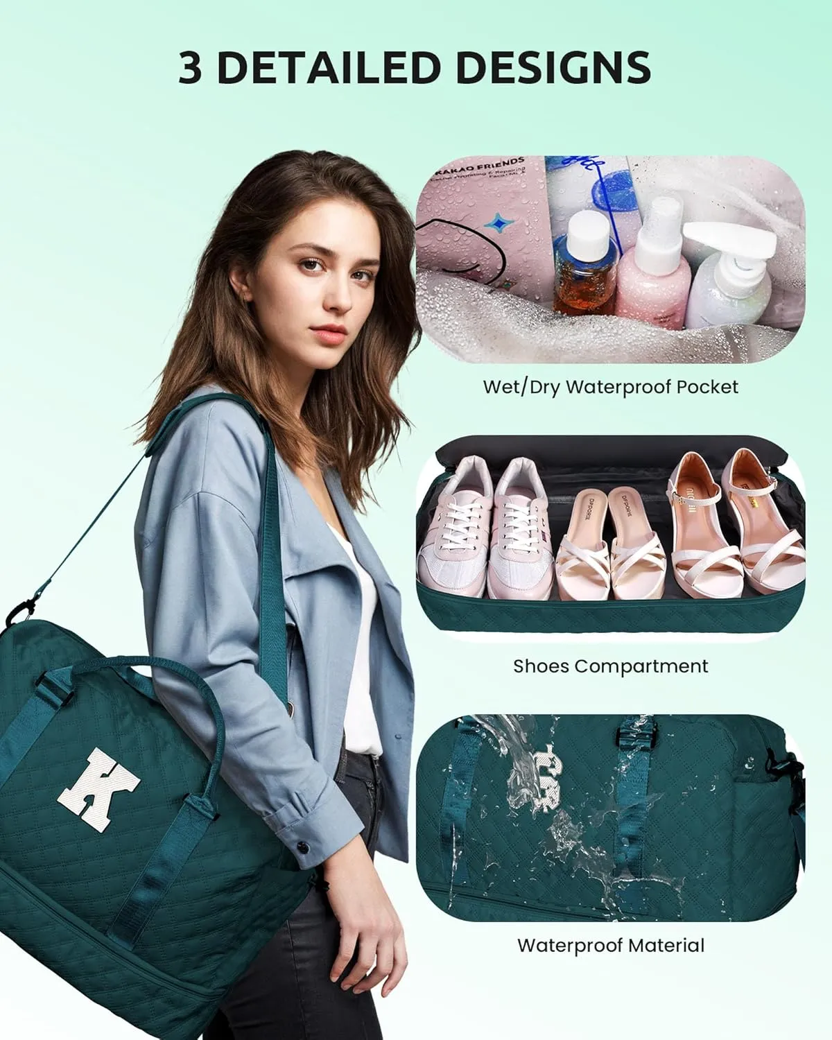 Women Presents Teacher Gifts-Initial Travel Bag with Shoe Compartment, Personalized Weekender Bag, Monogram Overnight Bag for Women, Letter Travel Bag with Makeup Bag (Letter H)