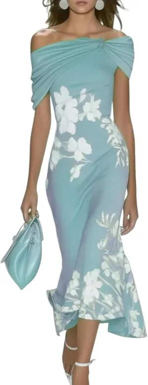 Womens 2025 Fashion Fresh Off Shoulder Floral Print Green Maxi Dress Slim Fit Summer Dress