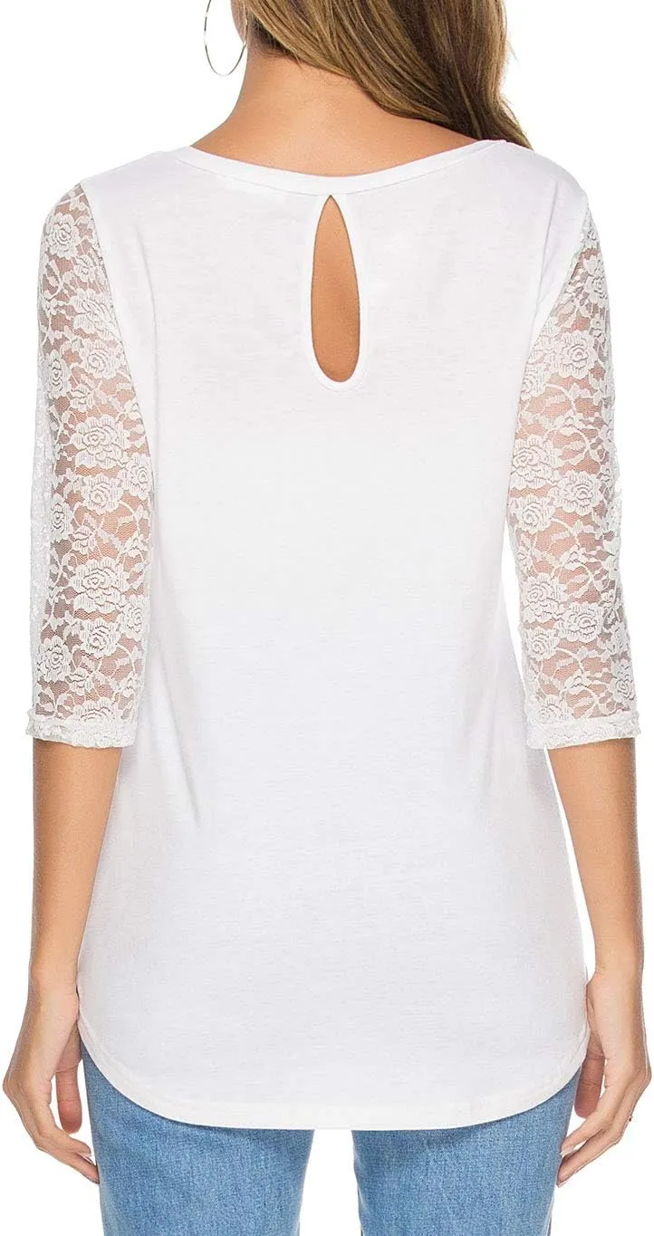Women's 3/4 Lace Sleeve Round Neck T-Shirt Casual Blouses Tunics Tops