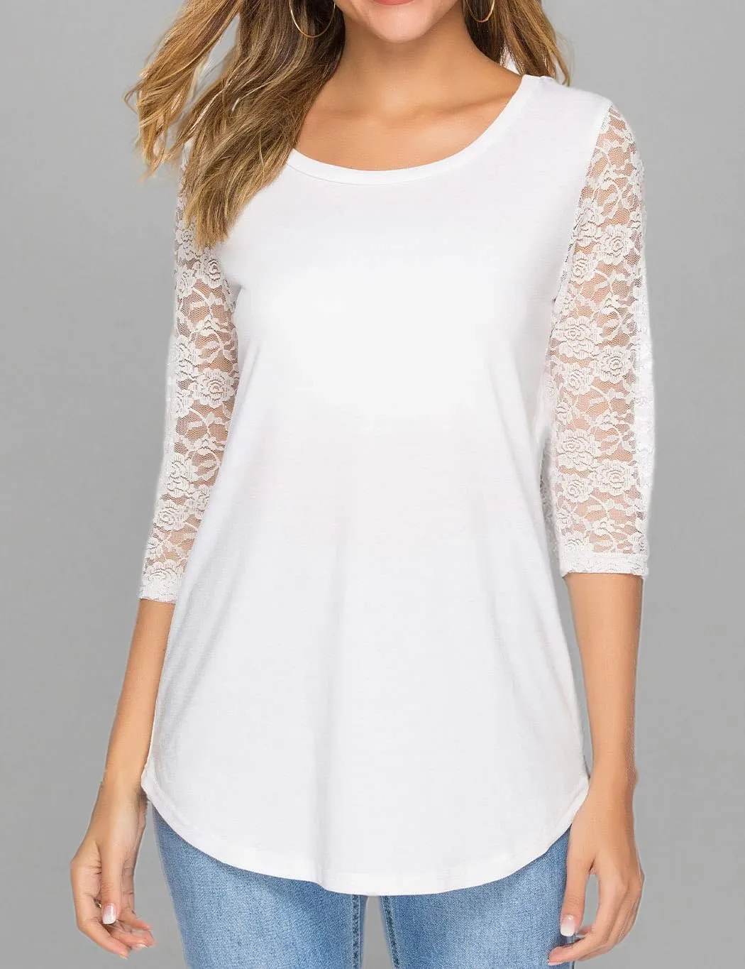 Women's 3/4 Lace Sleeve Round Neck T-Shirt Casual Blouses Tunics Tops