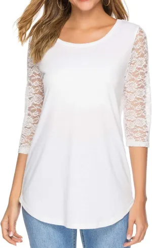 Women's 3/4 Lace Sleeve Round Neck T-Shirt Casual Blouses Tunics Tops