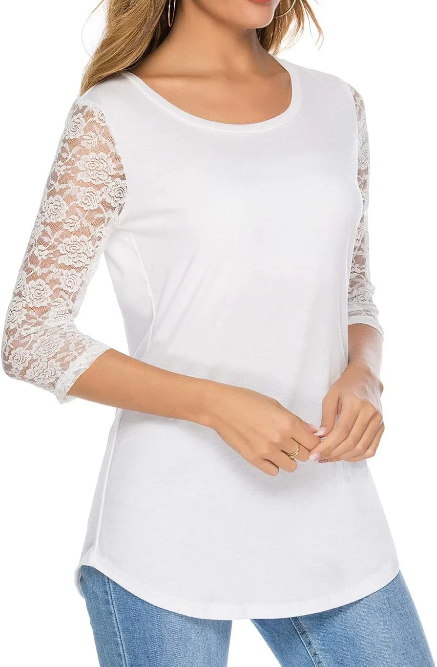 Women's 3/4 Lace Sleeve Round Neck T-Shirt Casual Blouses Tunics Tops