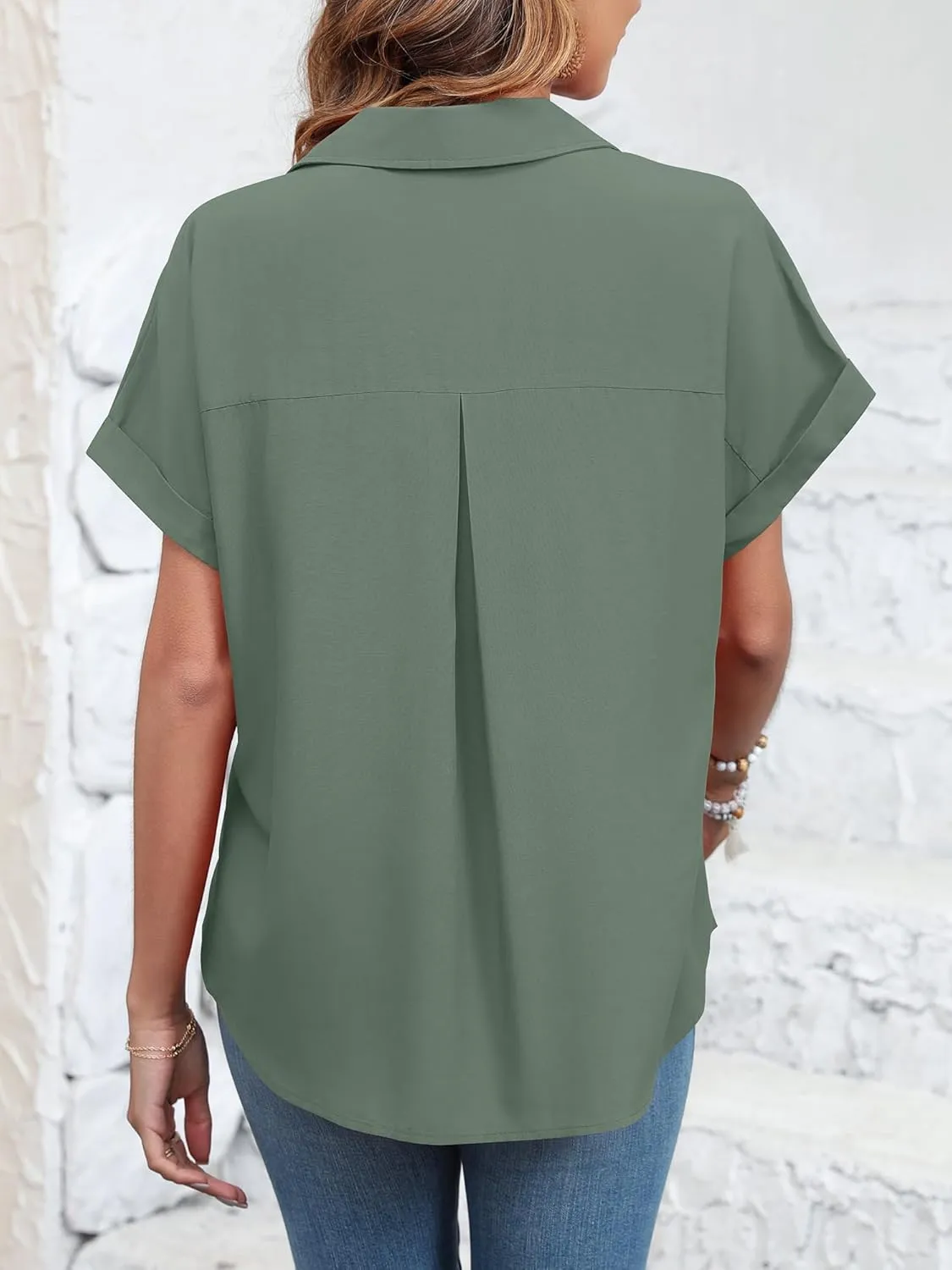 Womens Button Down Shirt Casual Short Sleeve Collared Work Blouse with Pocket