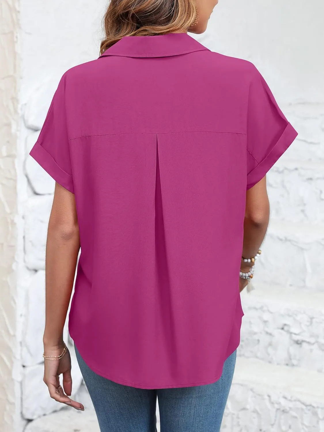 Womens Button Down Shirt Casual Short Sleeve Collared Work Blouse with Pocket