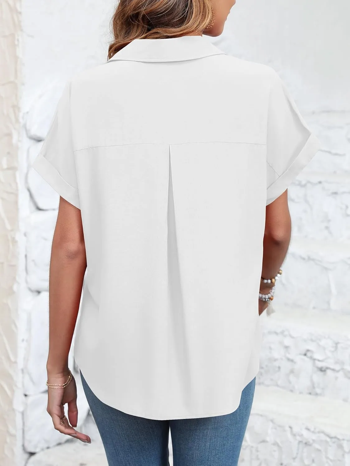Womens Button Down Shirt Casual Short Sleeve Collared Work Blouse with Pocket