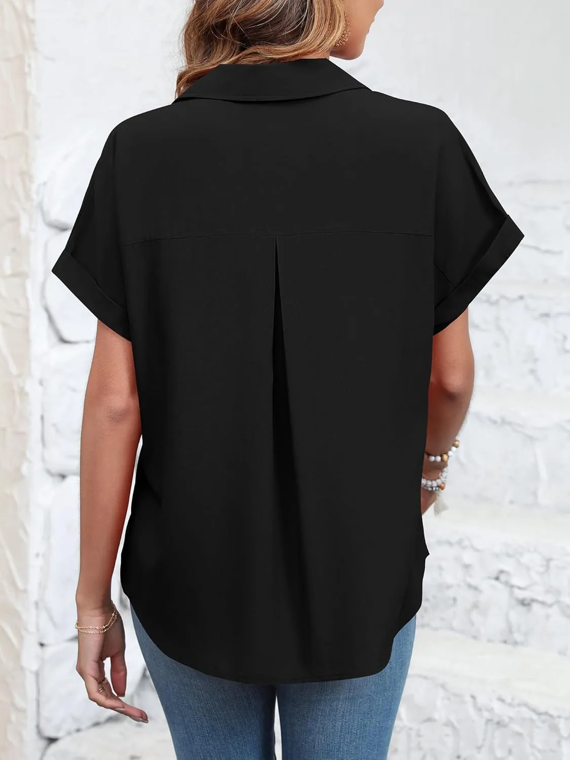 Womens Button Down Shirt Casual Short Sleeve Collared Work Blouse with Pocket