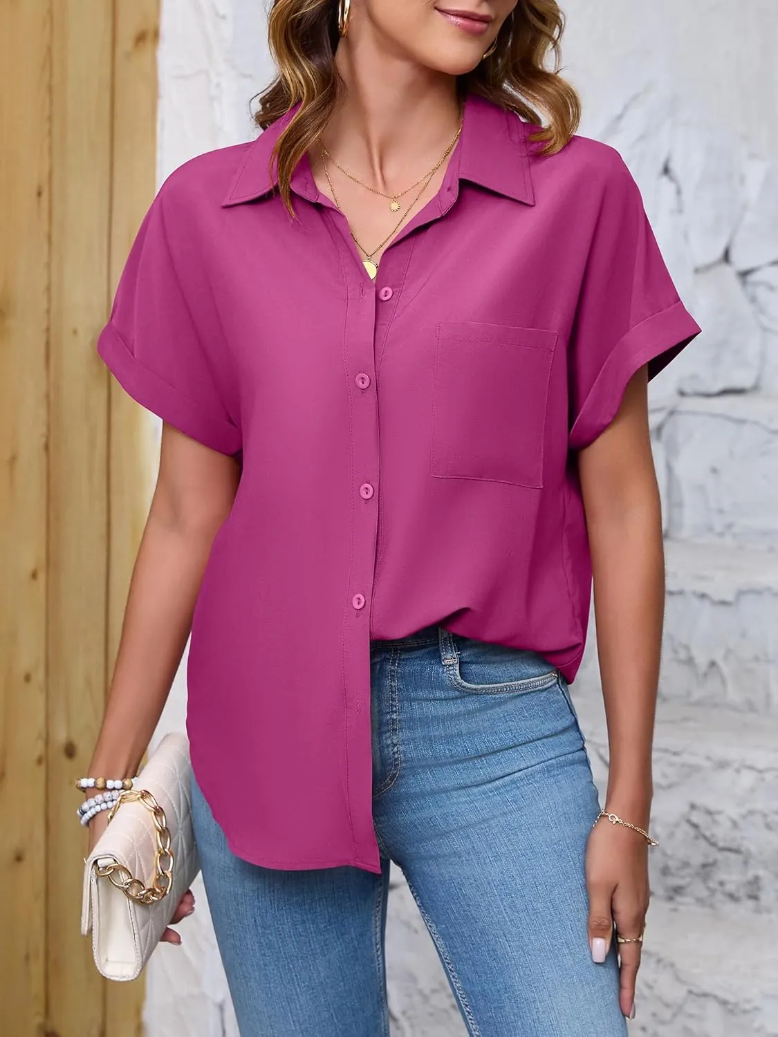 Womens Button Down Shirt Casual Short Sleeve Collared Work Blouse with Pocket