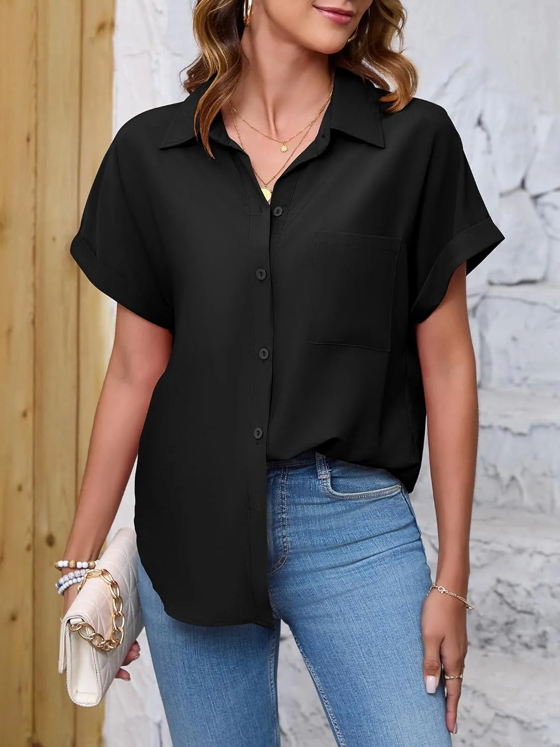 Womens Button Down Shirt Casual Short Sleeve Collared Work Blouse with Pocket