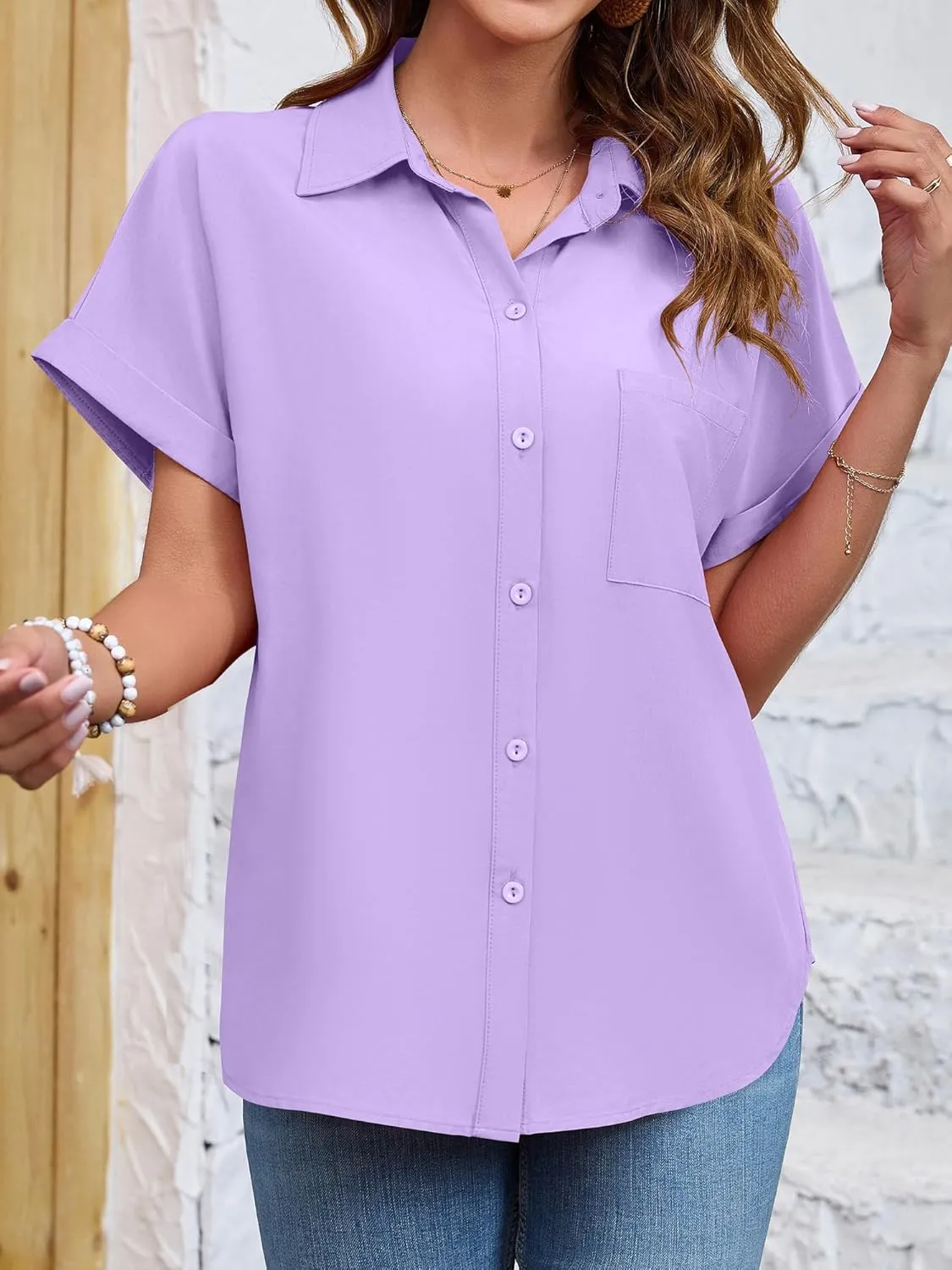 Womens Button Down Shirt Casual Short Sleeve Collared Work Blouse with Pocket