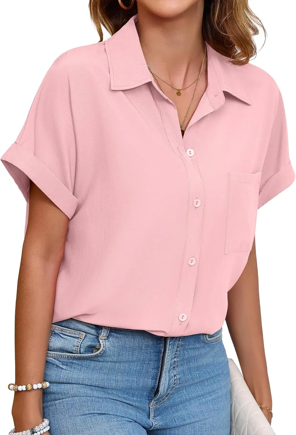 Womens Button Down Shirt Casual Short Sleeve Collared Work Blouse with Pocket