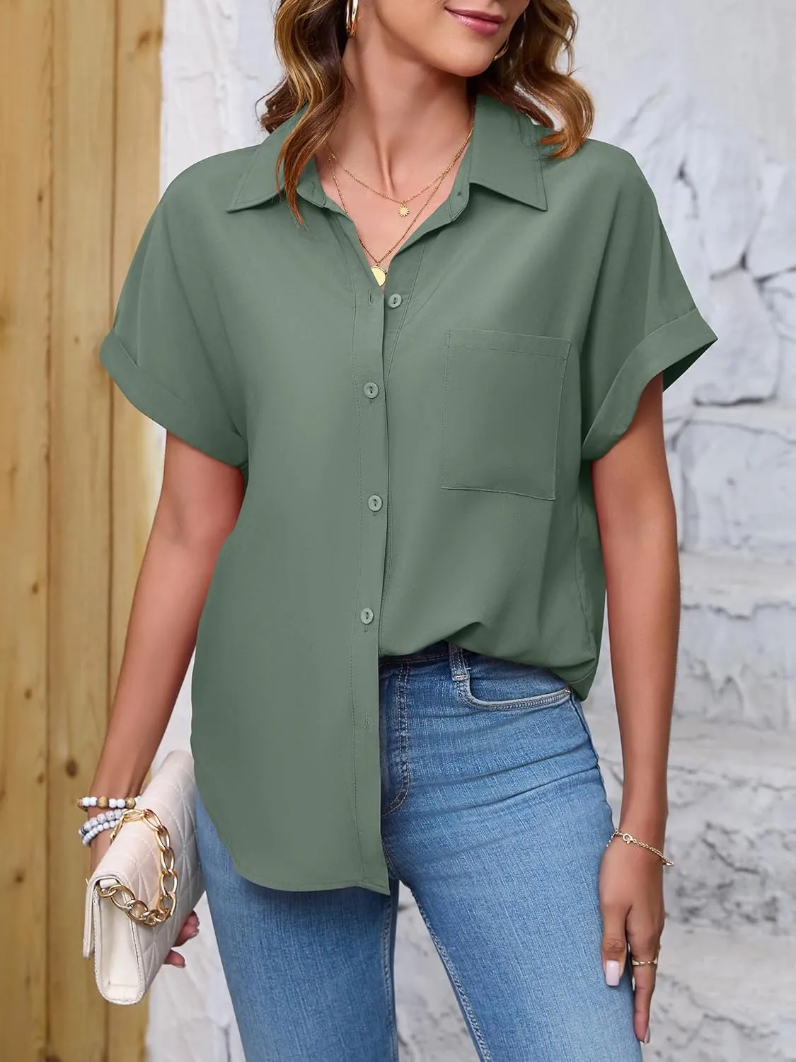 Womens Button Down Shirt Casual Short Sleeve Collared Work Blouse with Pocket