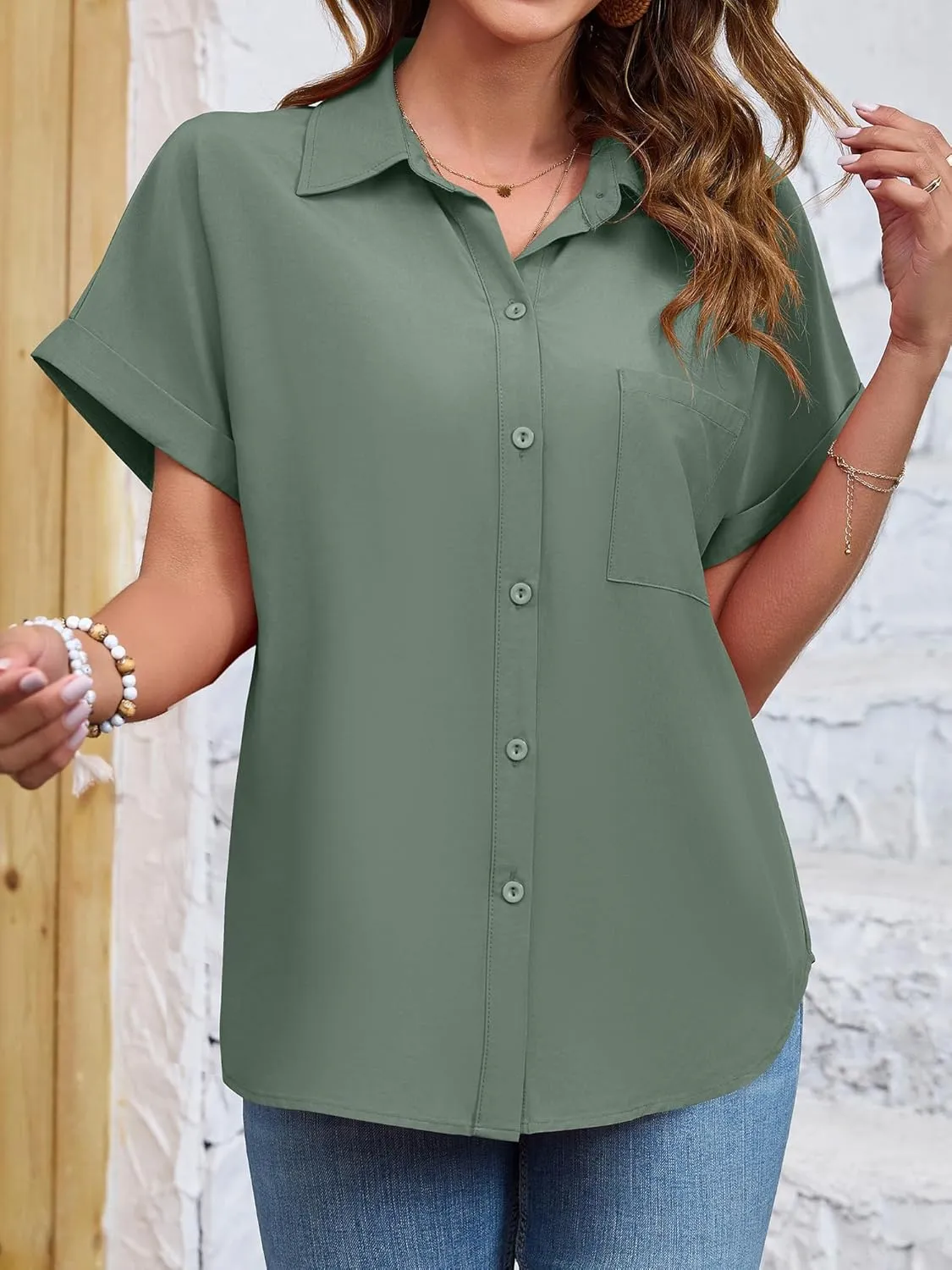 Womens Button Down Shirt Casual Short Sleeve Collared Work Blouse with Pocket